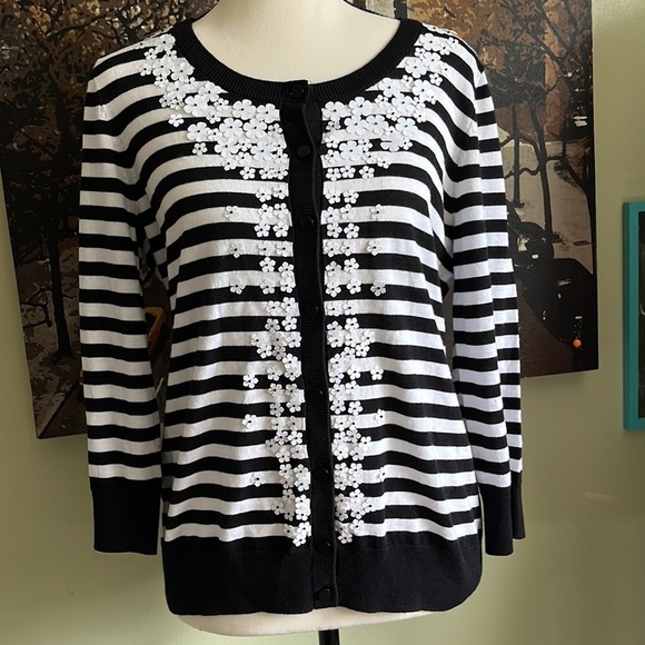 Talbots petites black white striped button down cardigan with flower neckline - Picture 7 of 16
